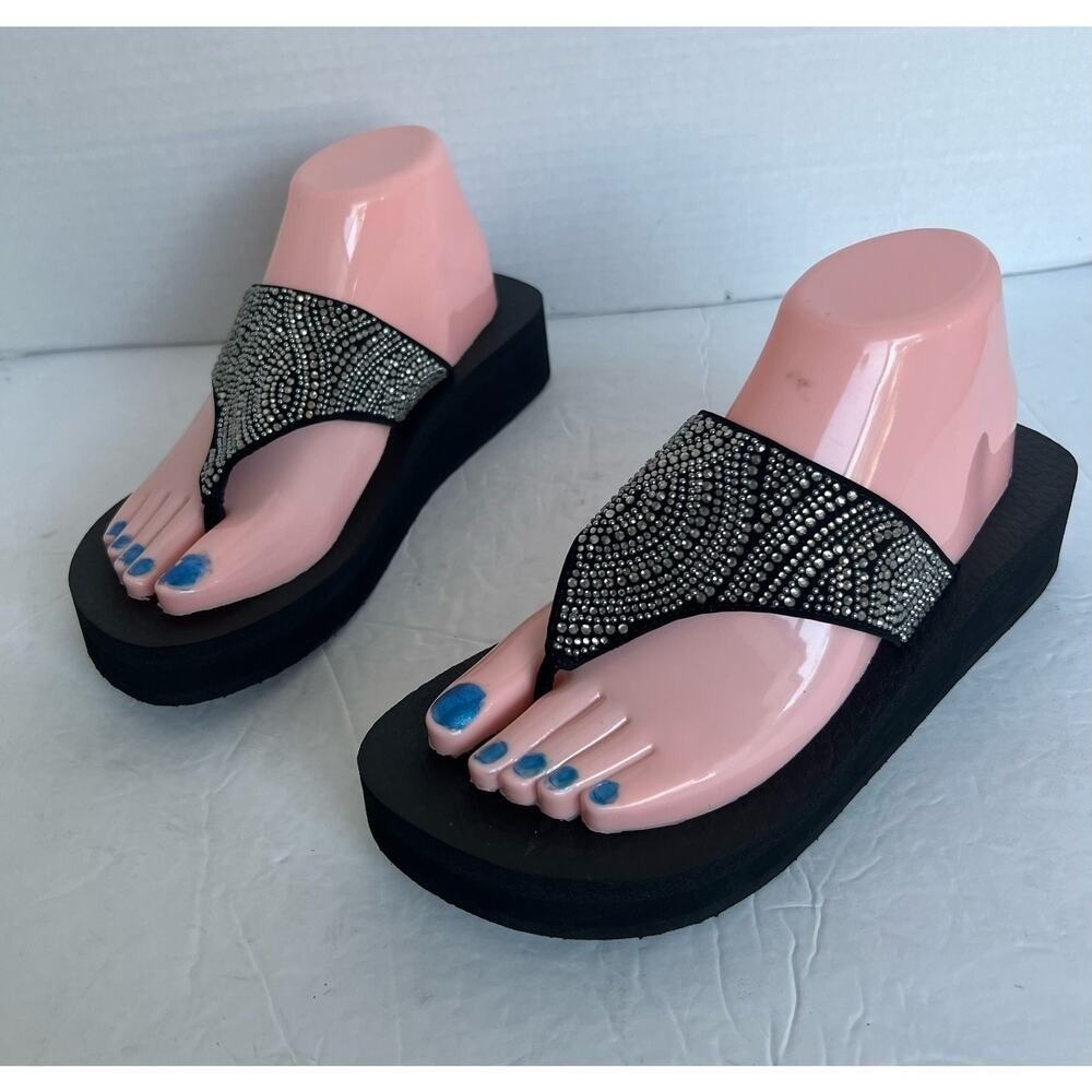 Skechers Vinyasa Stone Candy Black W/ Silver Rhinestones‎ Wedge Thong Sandals 8
